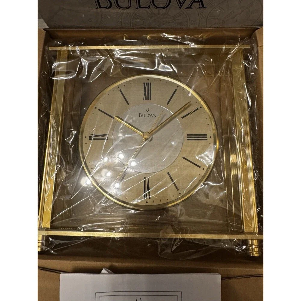 NIB Bulova B1700 Grand Prix Glass Mantel Desk Clock Gold Tone New In Box